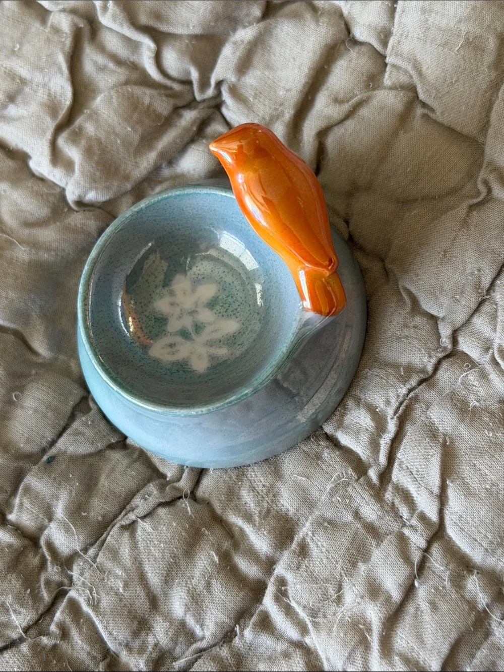 Made in Japan vinegar ring holder Orange bird blue luster dish bottom